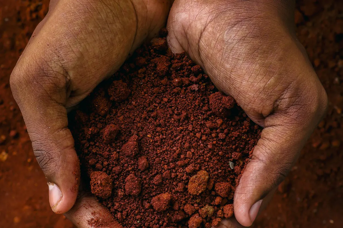 Two cupped hands holding a pile of crumbly red soil.